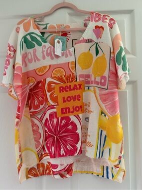 L63 Loowie Relax Love Enjoy V-Neck Printed Sweater One Size